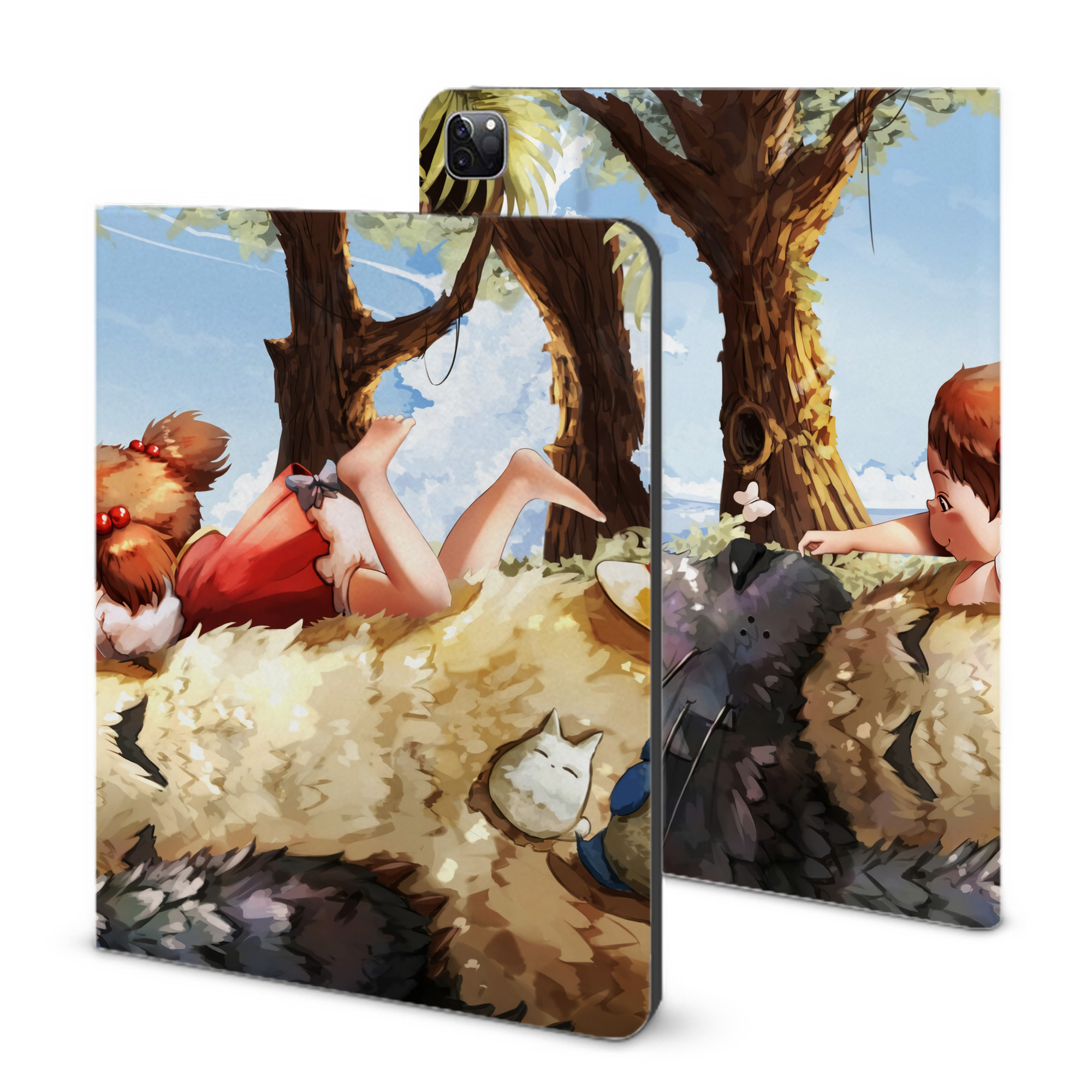 （画像用） となりのトトロ 草壁メイ 草壁サツキ My Neighbor Totoro Satsuki Kusakabe Mei Kusakabe IPad ケース ブック型 PUレザー TPU 耐衝撃 軽量 薄型 ペン収納なし 全面保護 IPad 各モデル対応